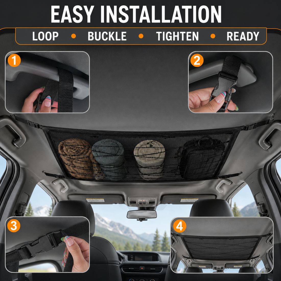 Four-step installation showing loop buckle tighten and ready