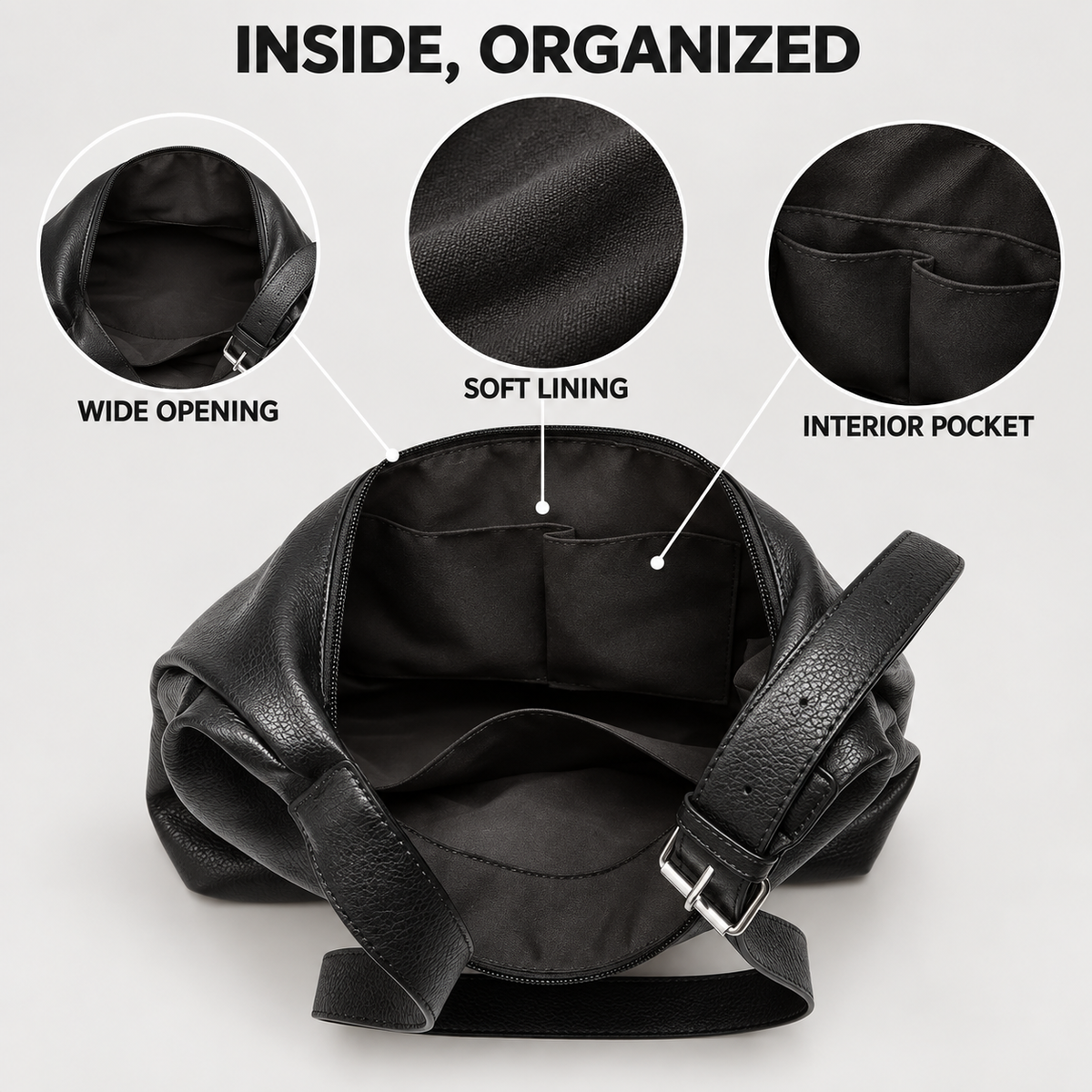Roomy lined interior of the women's PU leather shoulder bag