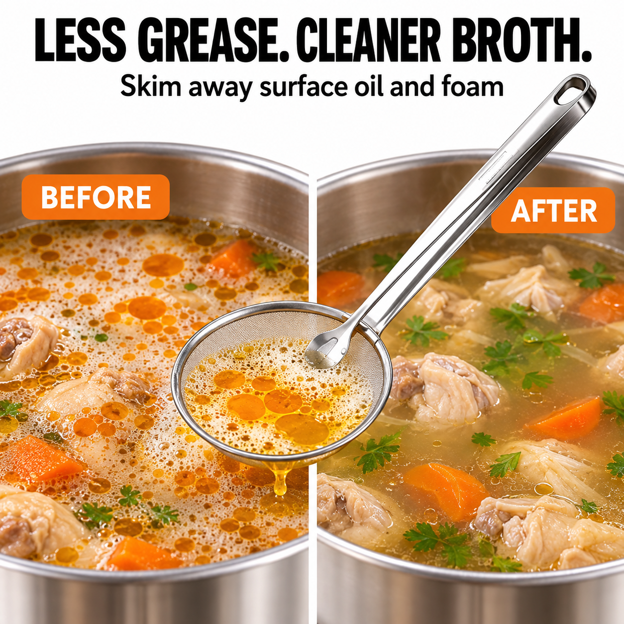 Strainer removes grease and foam from soup