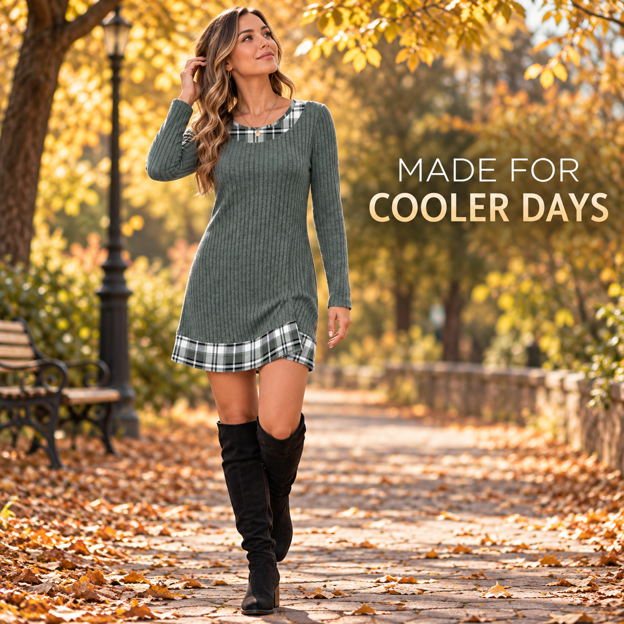 Women's plaid knit dress styled outdoors in fall