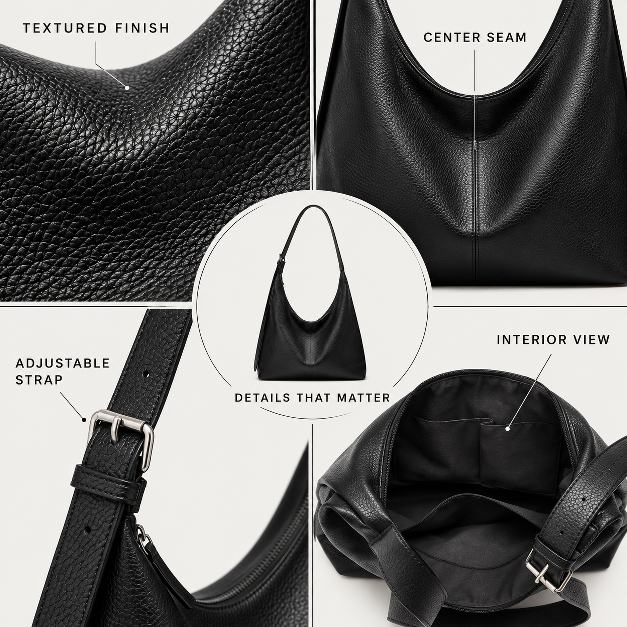 Close-up views of the bag texture, strap hardware and interior