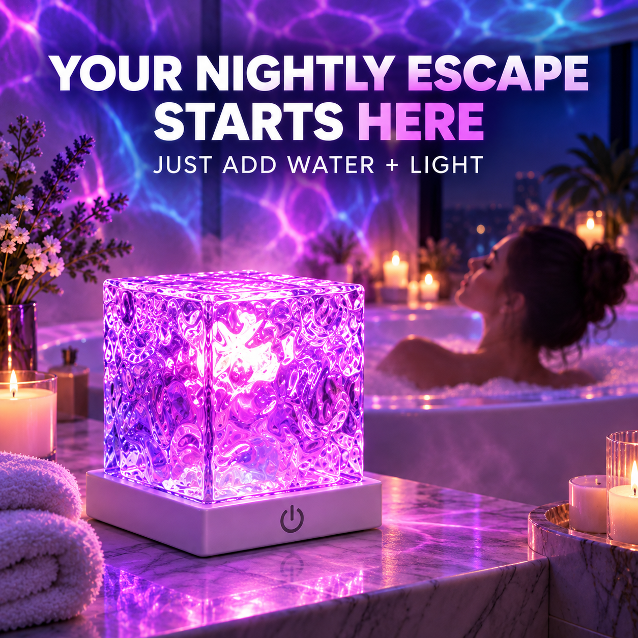 Relaxing bath with colorful ocean wave projector