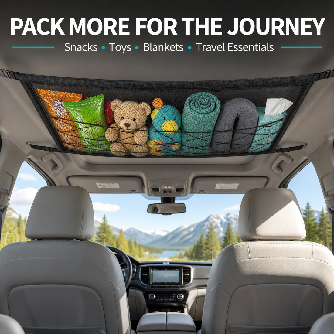 Elastic overhead cargo net organizing blankets toys and road trip essentials