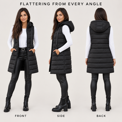 Women's Long Hooded Puffer Vest – Cozy Sleeveless Winter Layer