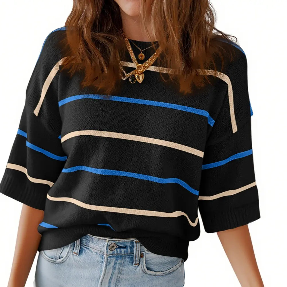 👗 French Riviera Chic | Women's Striped Knit Crew Neck Short-Sleeve Pullover & Loose-Fit Ribbed Rib-Knit Tee ✨