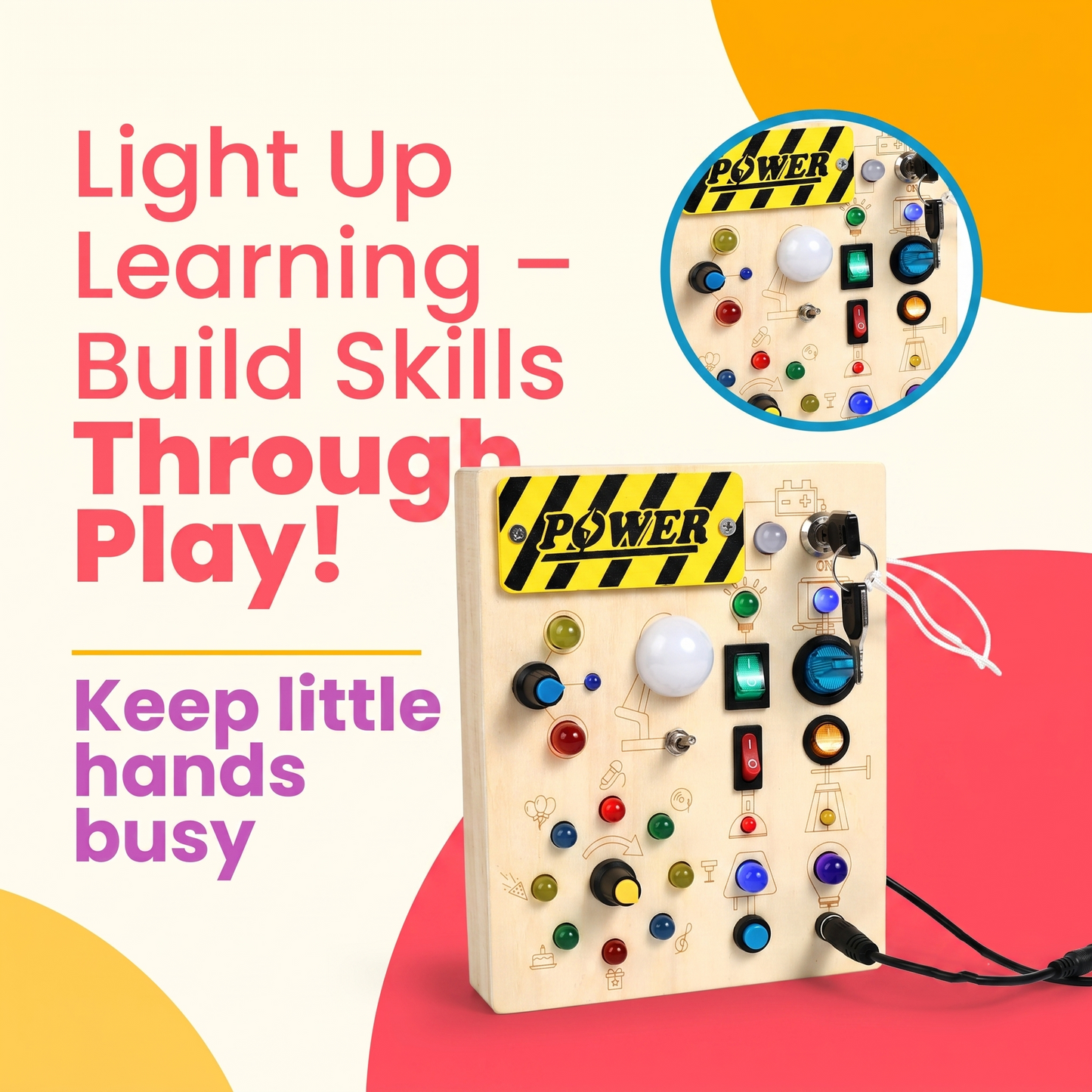 💡 Satisfy Creative Curiosity | Montessori Sensory Wooden Busy Board with LED Light-Up Switches, Portable Fine Motor Skills Quiet Toy for Toddlers 🧸
