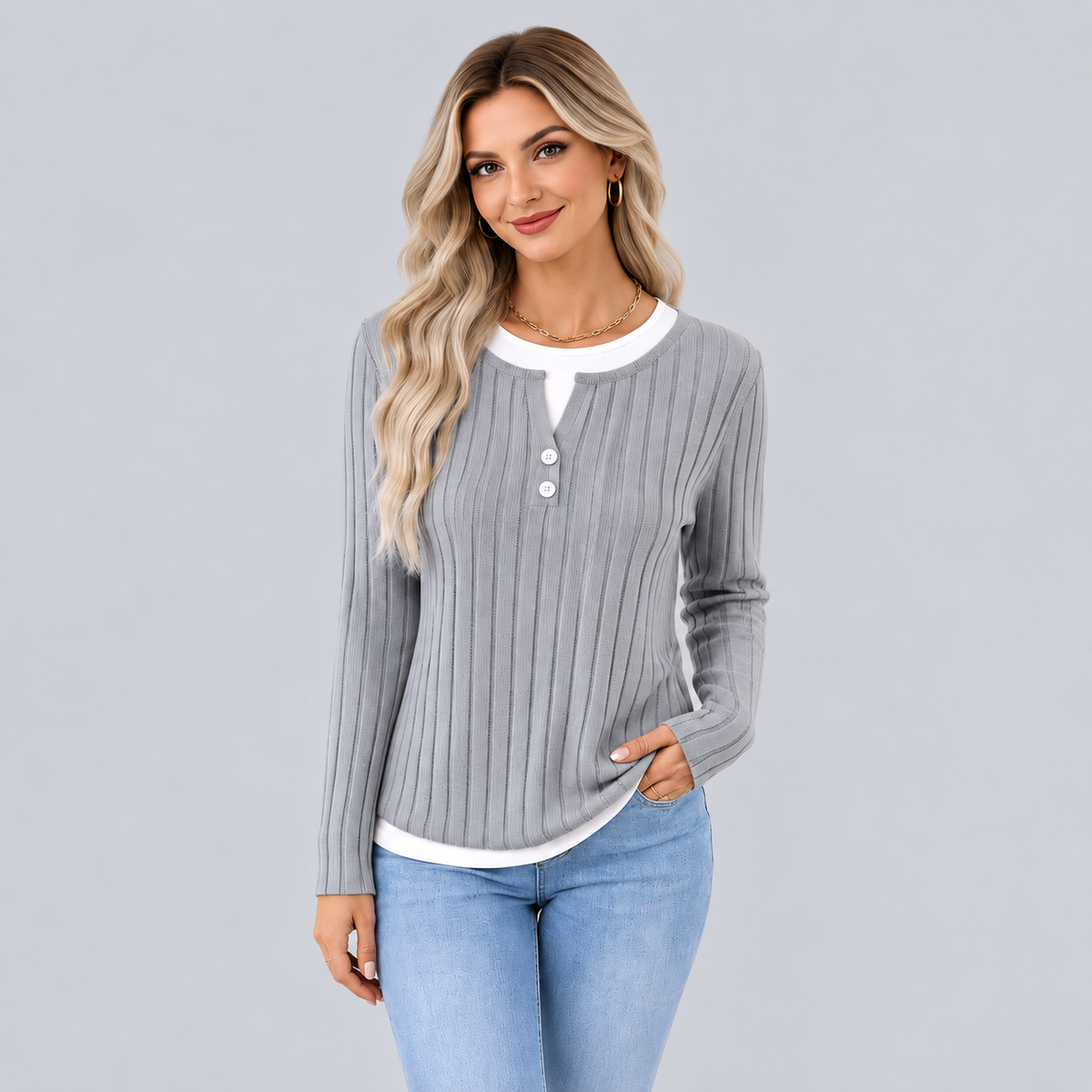 Women's Brushed Faux Two-Piece Long Sleeve Top
