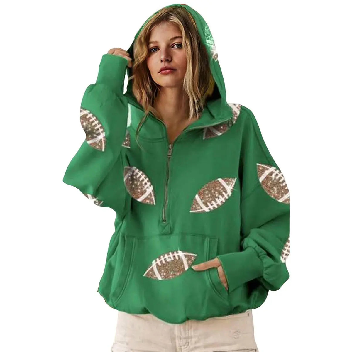 🏈 Steal the Game Day Spotlight | Women's Oversized Half-Zip Football Hoodie with Sequin Detail & Kangaroo Pocket, Casual Long-Sleeve Pullover ✨