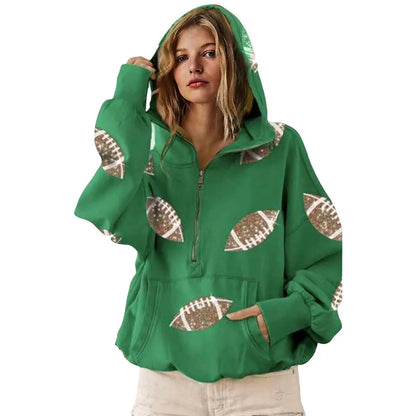 🏈 Steal the Game Day Spotlight | Women's Oversized Half-Zip Football Hoodie with Sequin Detail & Kangaroo Pocket, Casual Long-Sleeve Pullover ✨