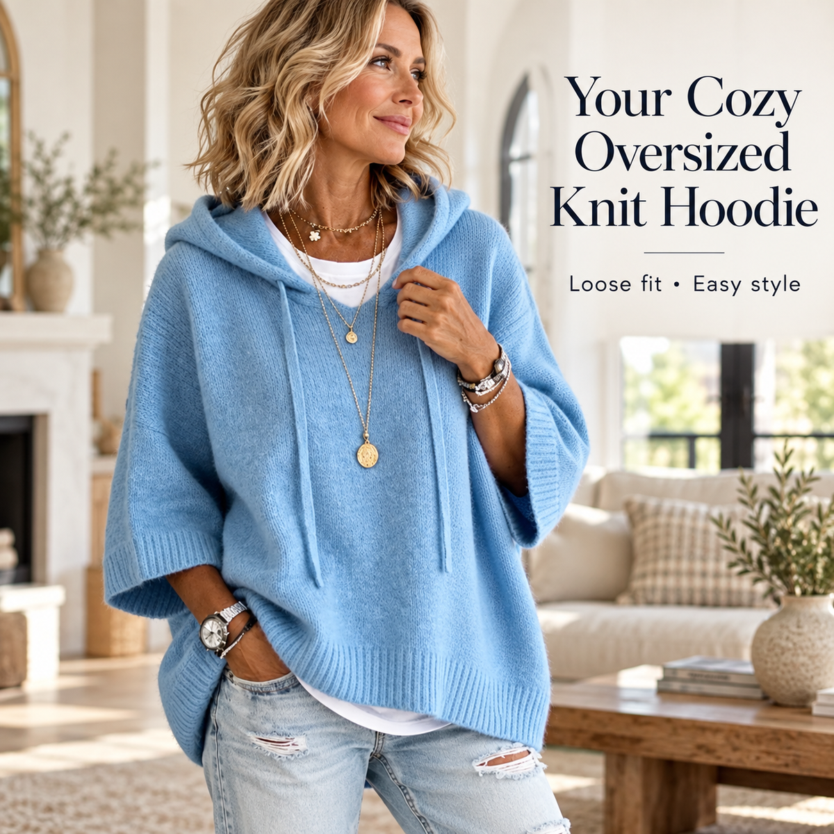 Women's Oversized Knit Hoodie – Cozy Relaxed Fit Sweater