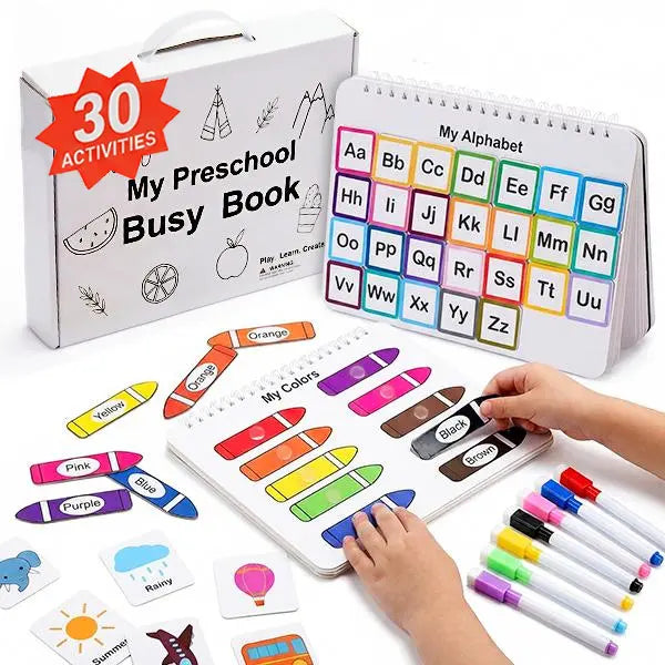 📚 Quiet Travel Genius | Montessori Busy Book with 30 Interactive Learning Activities, Bilingual Erasable Toddler Fine Motor Skills Toy ✨