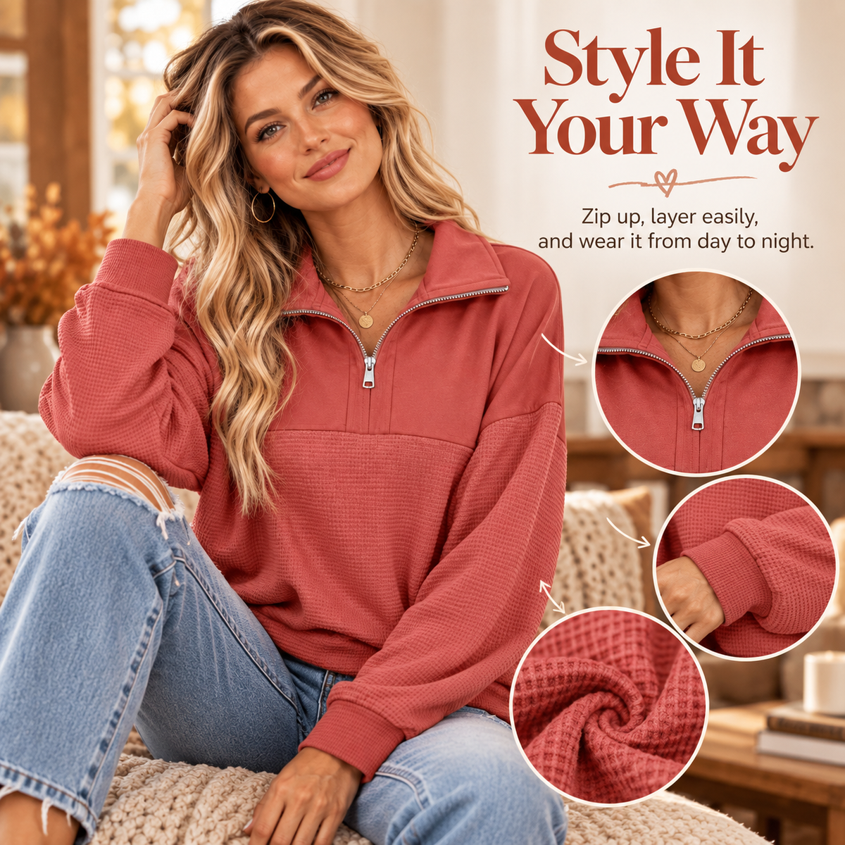Women’s Oversized Waffle Knit Half-Zip Pullover