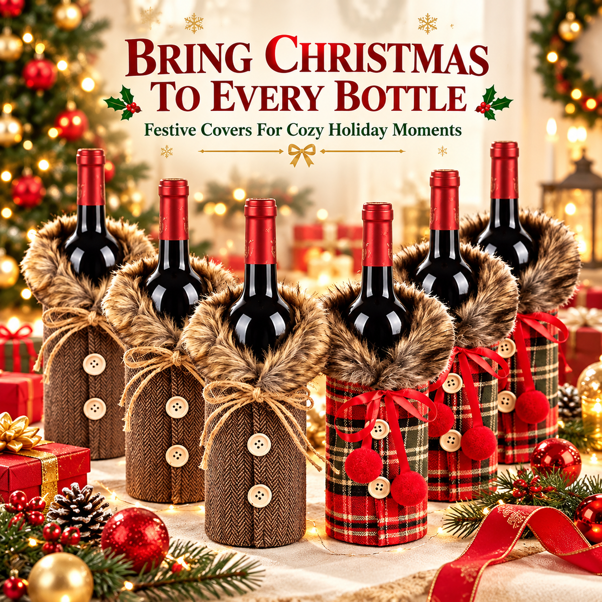 6 PCS Christmas Wine Bottle Covers – Cozy Faux Fur Holiday Decor