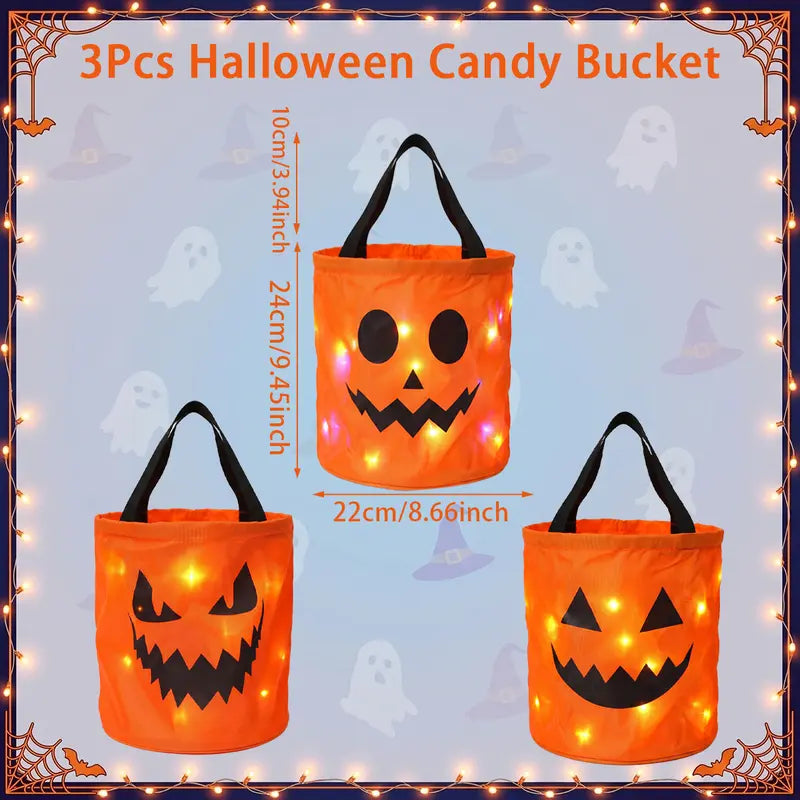 🎃 Glow in the Spooky Night | 3/4 Pcs Halloween Candy Bucket with LED Lights Non-Woven Trick or Treat Bags 👻