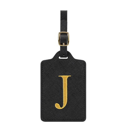 ✈️ Personalize Your Journey | Cute Embroidered Initial Letter A Black PU Leather Luggage Tag & Suitcase Identifier 🏷️