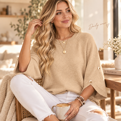 Women's 3/4 Sleeve Knit Sweater with Button-Detail Cuffs
