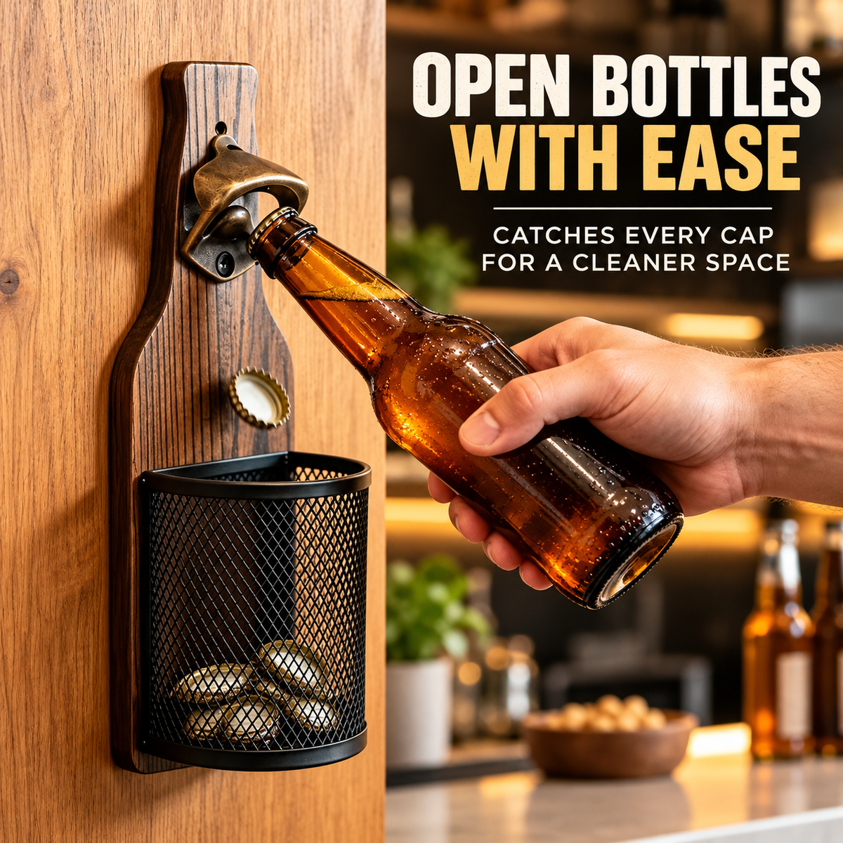 Wall-Mounted Bottle Opener with Cap Catcher