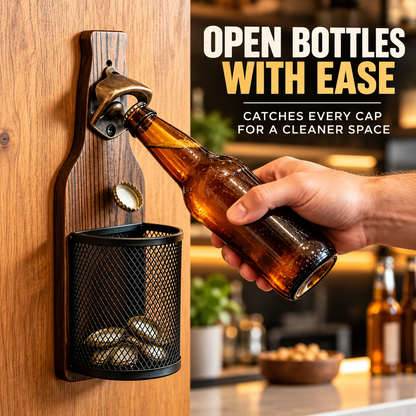 Wall-Mounted Bottle Opener with Cap Catcher