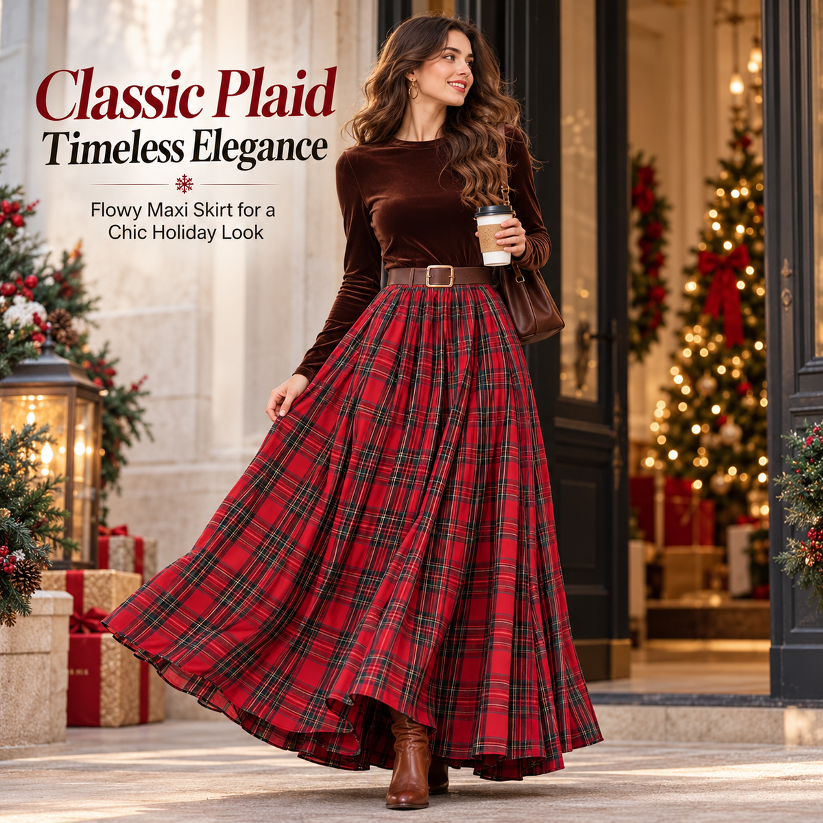 Women’s Tartan Plaid Maxi Skirt – Flowy Holiday Style