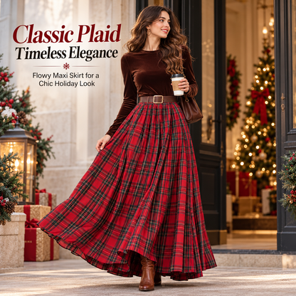 Women’s Tartan Plaid Maxi Skirt – Flowy Holiday Style