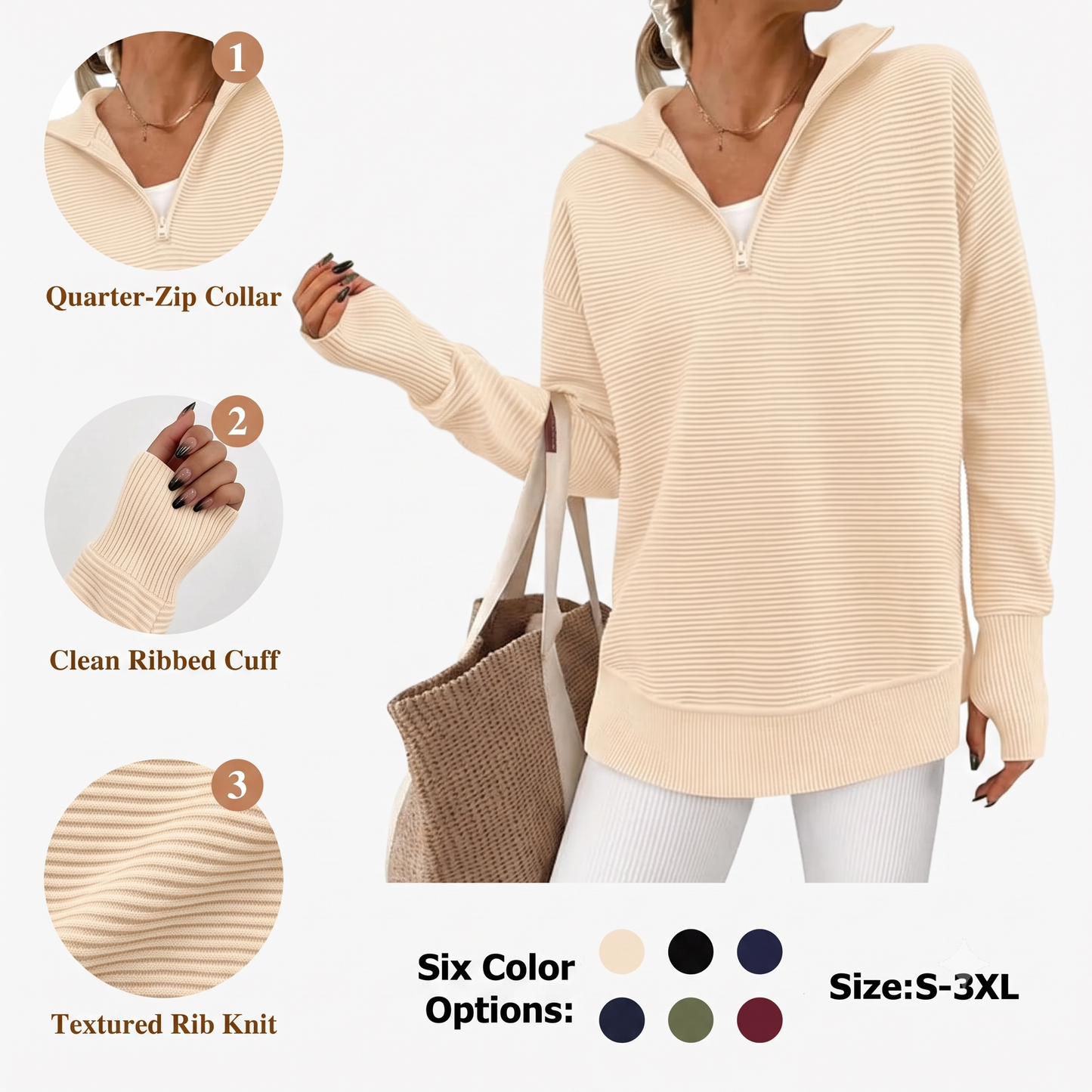 🍂 Cozy Fall Fashion | Women's Long Sleeve Quarter-Zip Pullover Sweater, Loose V-Neck Collared Ribbed Knit Jumper with Thumb Holes ✨
