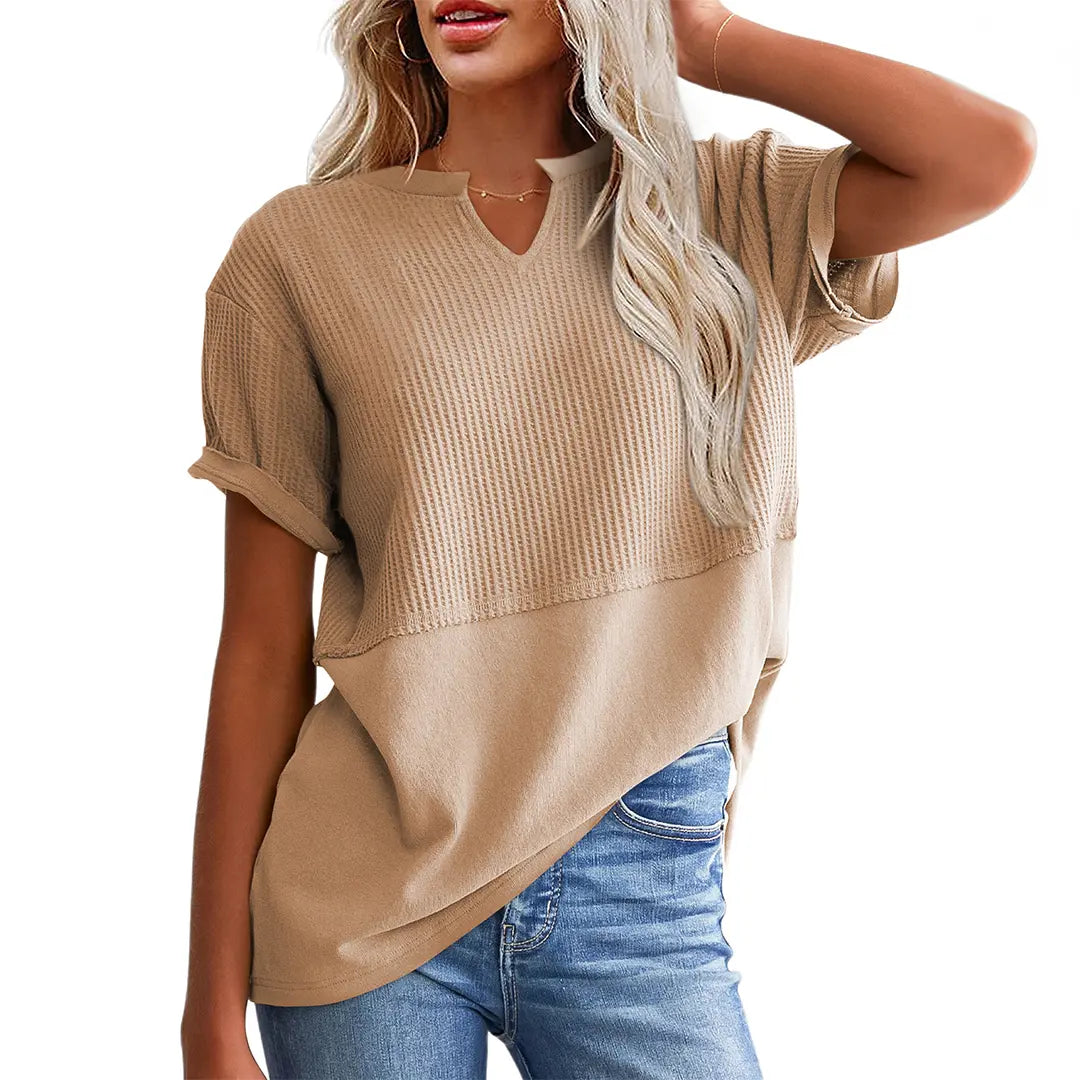 👗 Flattering & Slimming | Women's Plus Size V-Neck Short Sleeve Knit Top Casual Oversized Ribbed Tee ✨