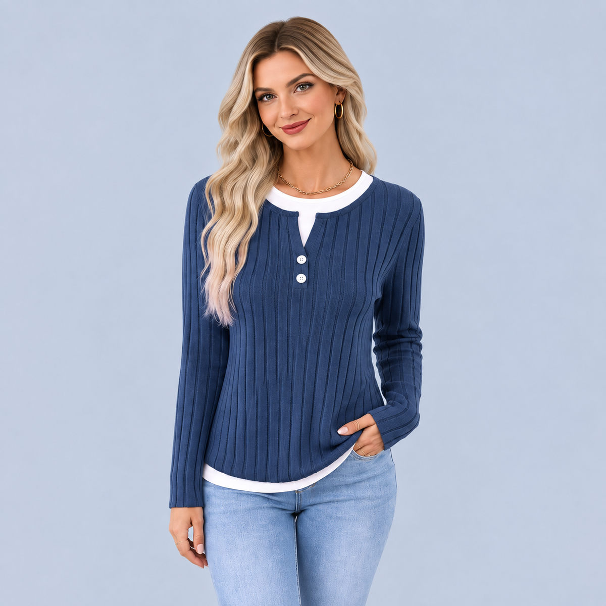 Women's Brushed Faux Two-Piece Long Sleeve Top