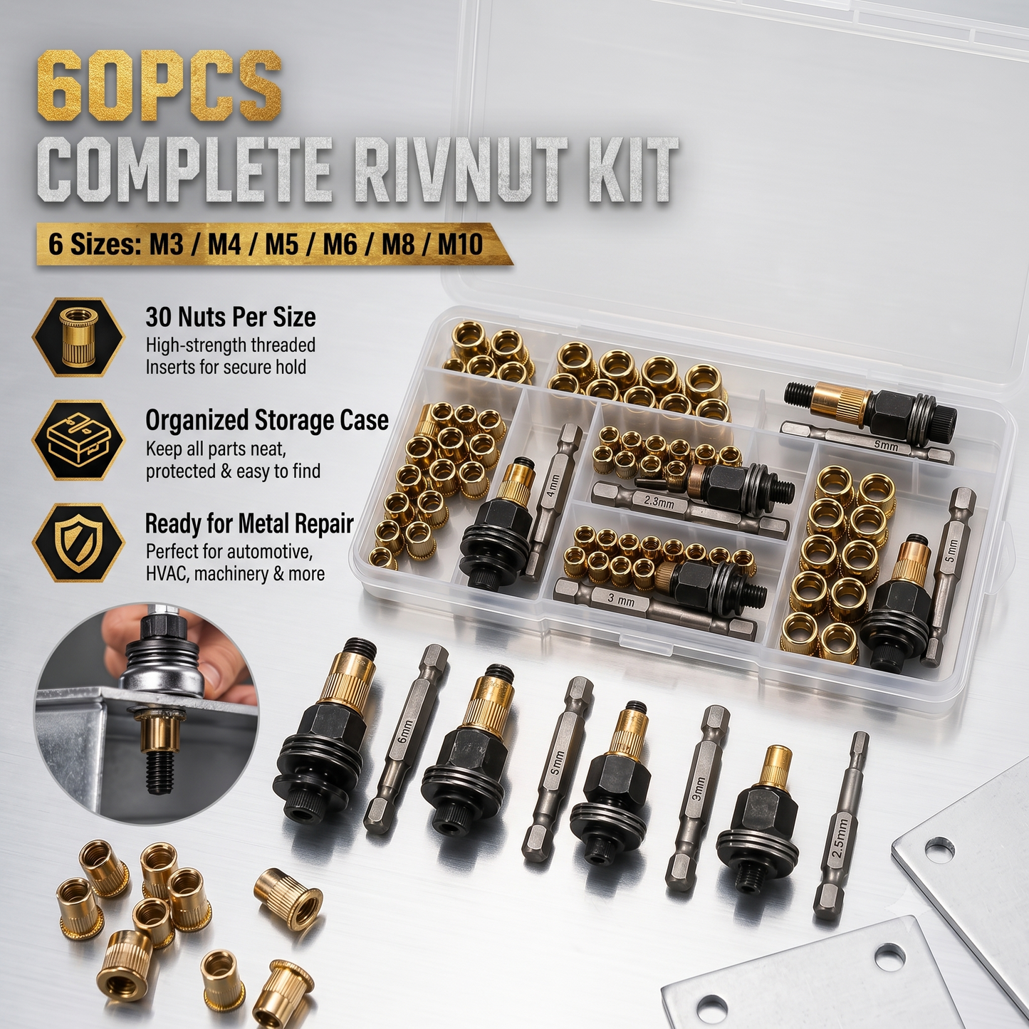 🛠️ Heavy-Duty Riveting Essentials | Head Rivet Nut Tool Kit (M3 M4 M5 M6 M8), Carbon Steel Threaded Rivnut Set & Manual Riveter Accessories ✨