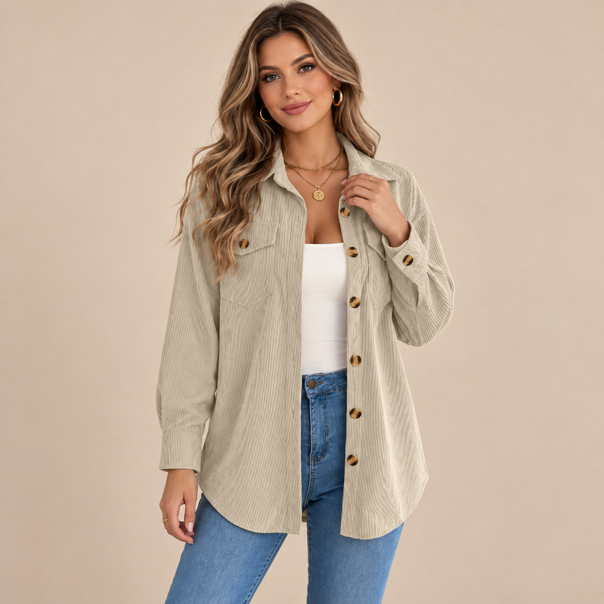 Women’s Corduroy Shacket – Relaxed Fit Button-Up Jacket