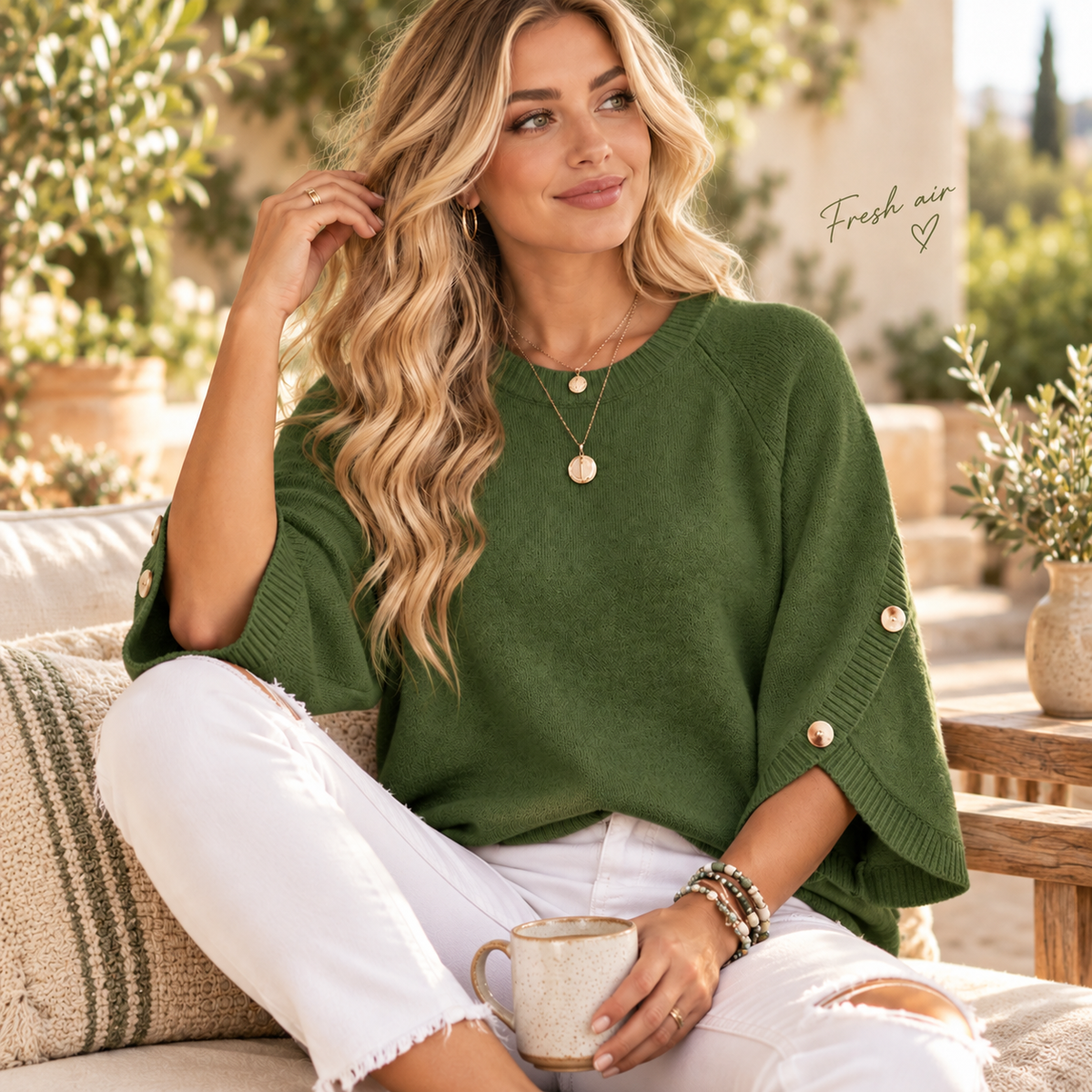 Women's 3/4 Sleeve Knit Sweater with Button-Detail Cuffs