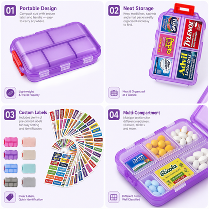 💊 Travel Pill Organizer with 200 Labels | 10 Compartments ✈️