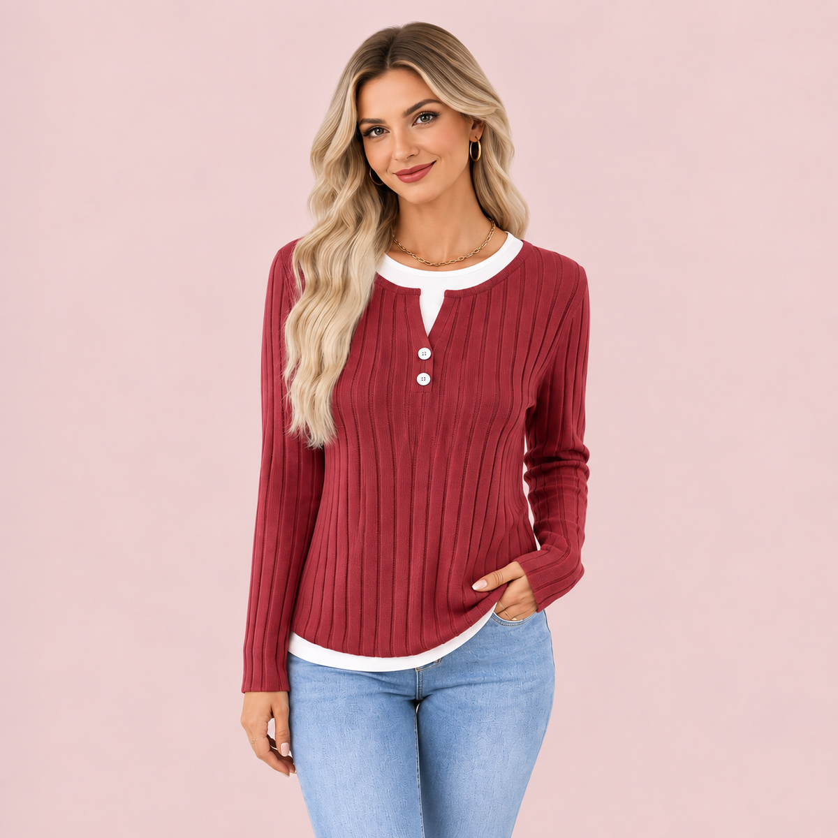 Women's Brushed Faux Two-Piece Long Sleeve Top