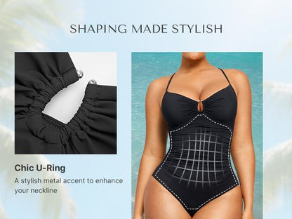 🔥 Instant Snatched | Women's Smart Sculpt Tummy Tucking U-Ring Cut-Out Swimsuit 🏖️