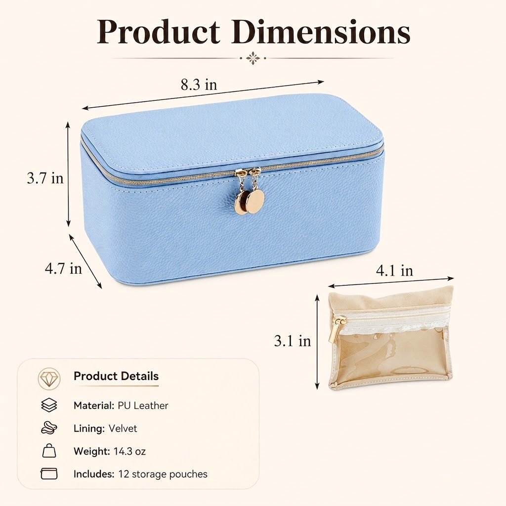 12-Compartment Zippered Jewelry Organizer Box