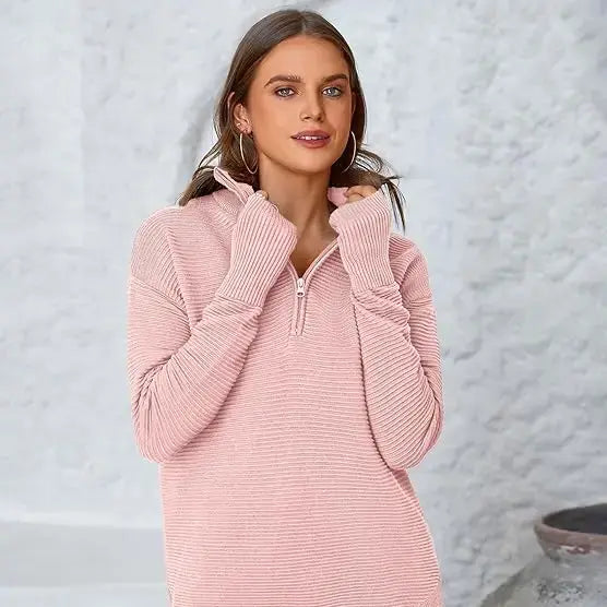 🍂 Cozy Fall Fashion | Women's Long Sleeve Quarter-Zip Pullover Sweater, Loose V-Neck Collared Ribbed Knit Jumper with Thumb Holes ✨