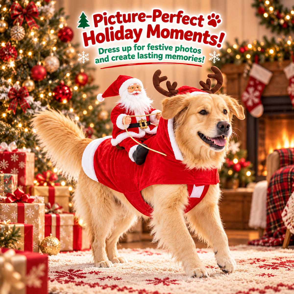 3D Santa Rider Dog Christmas Costume – Soft Fleece Reindeer Outfit