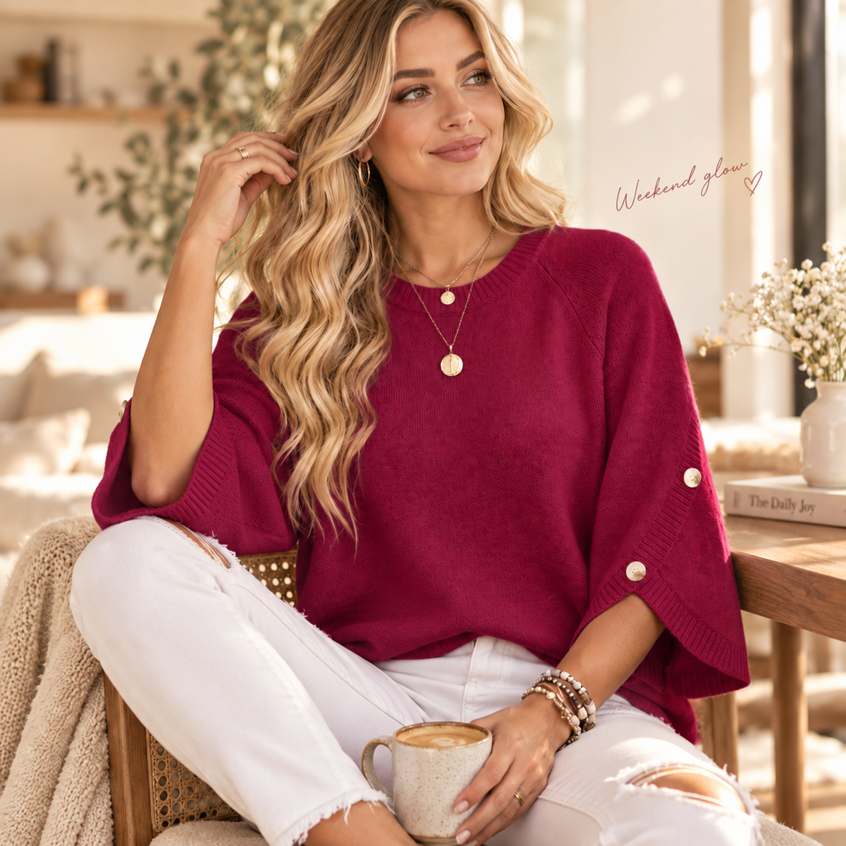 Women's 3/4 Sleeve Knit Sweater with Button-Detail Cuffs