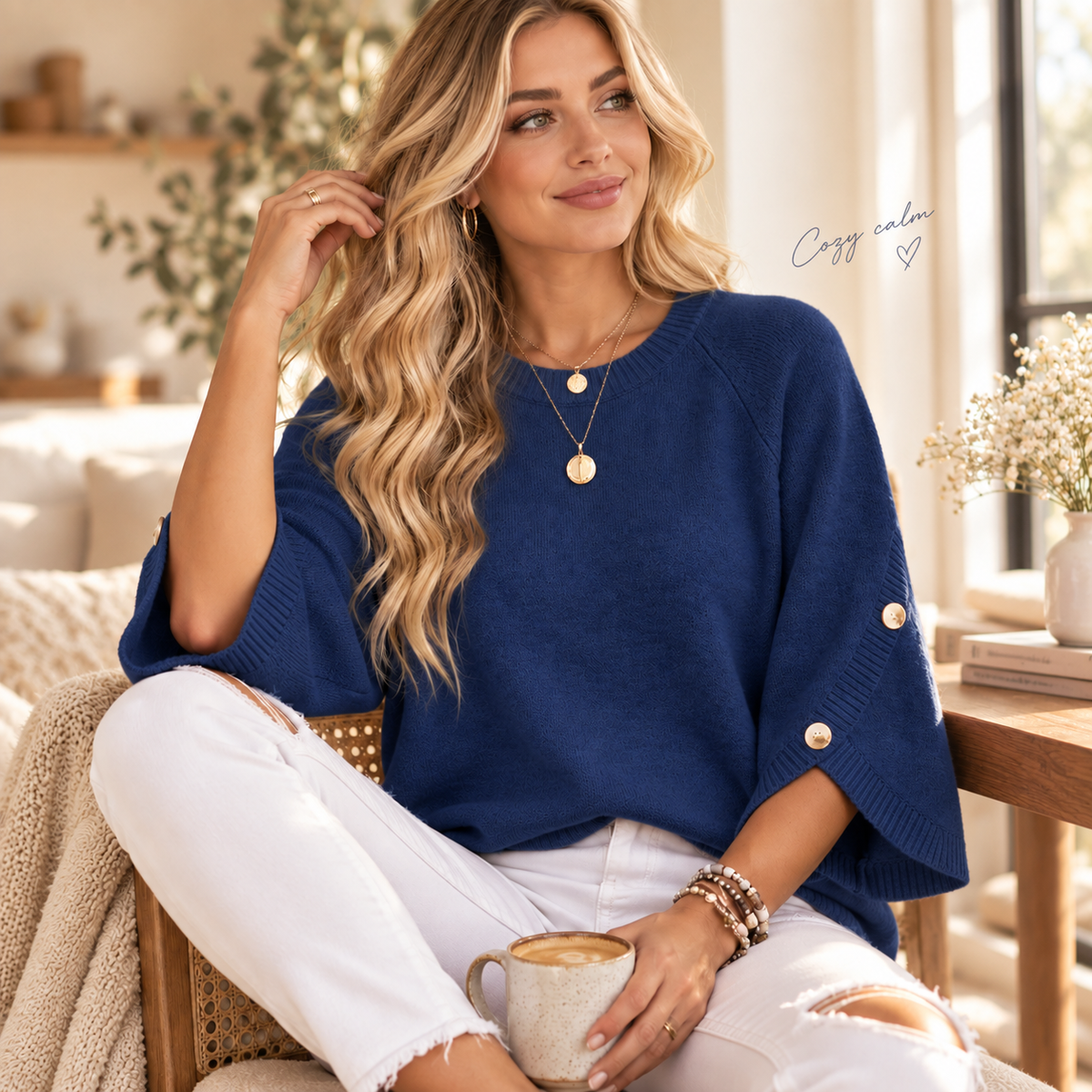 Women's 3/4 Sleeve Knit Sweater with Button-Detail Cuffs