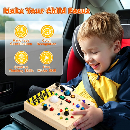 💡 Satisfy Creative Curiosity | Montessori Sensory Wooden Busy Board with LED Light-Up Switches, Portable Fine Motor Skills Quiet Toy for Toddlers 🧸
