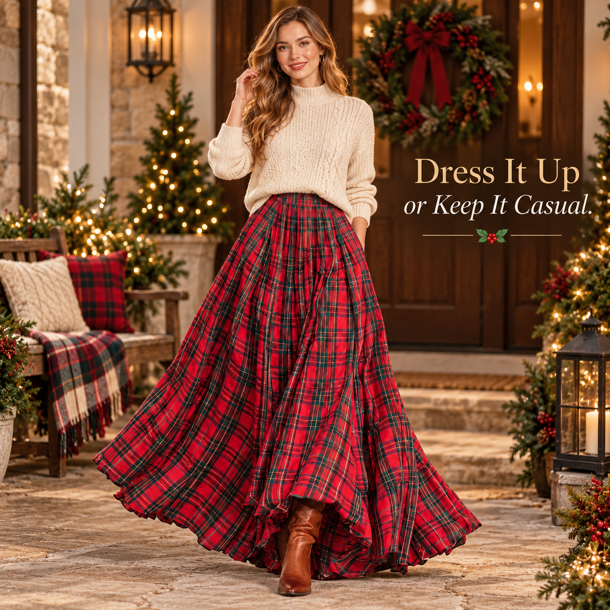 Women’s Tartan Plaid Maxi Skirt – Flowy Holiday Style