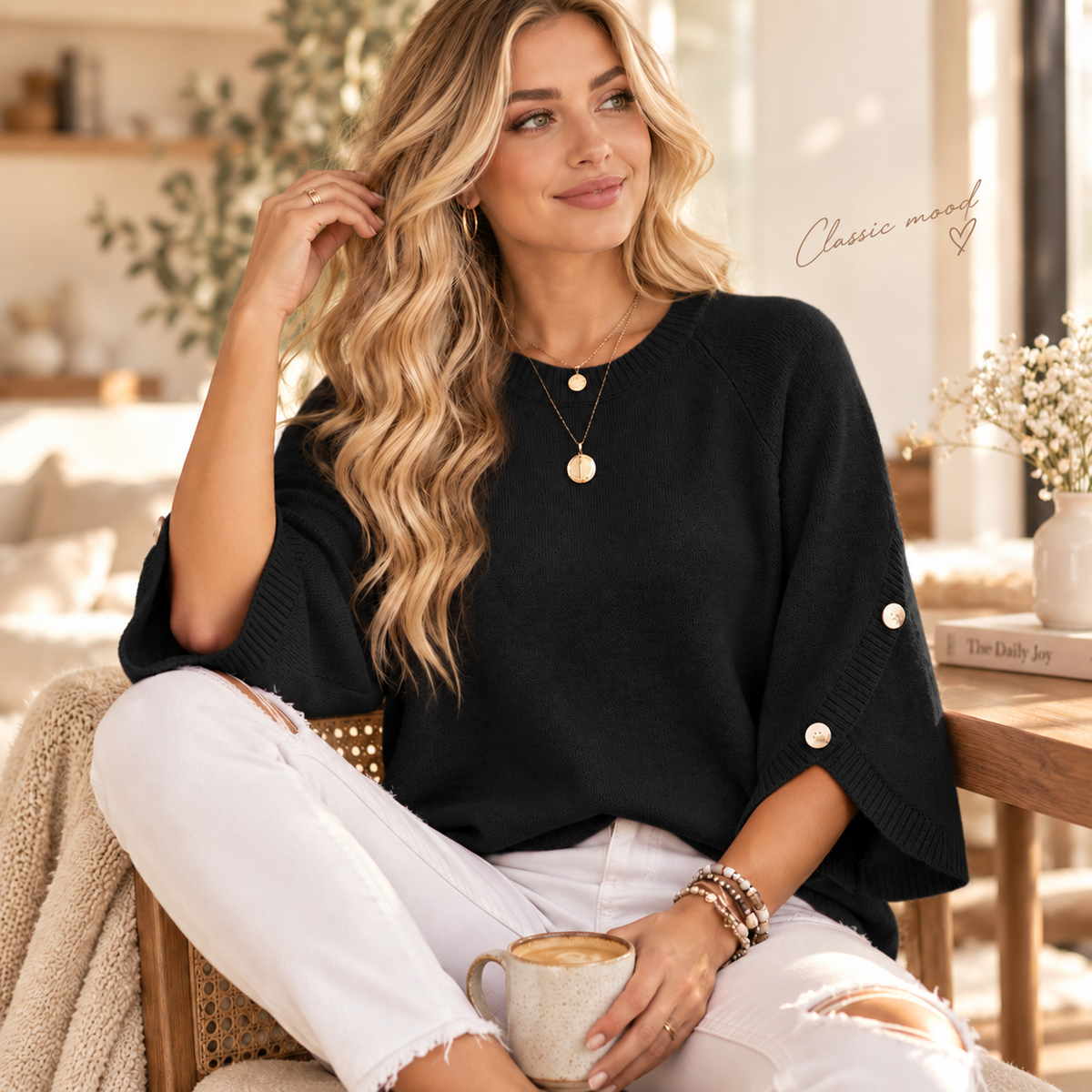 Women's 3/4 Sleeve Knit Sweater with Button-Detail Cuffs