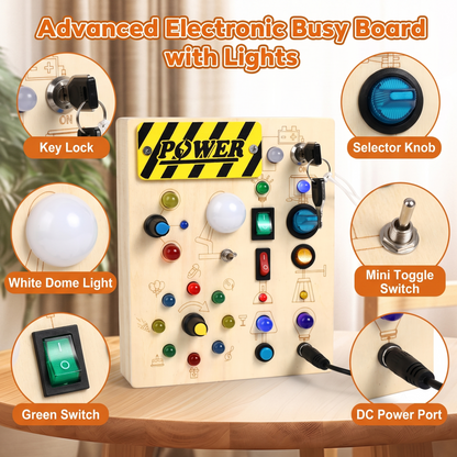 💡 Satisfy Creative Curiosity | Montessori Sensory Wooden Busy Board with LED Light-Up Switches, Portable Fine Motor Skills Quiet Toy for Toddlers 🧸
