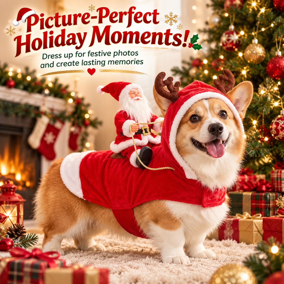 3D Santa Rider Dog Christmas Costume – Soft Fleece Reindeer Outfit