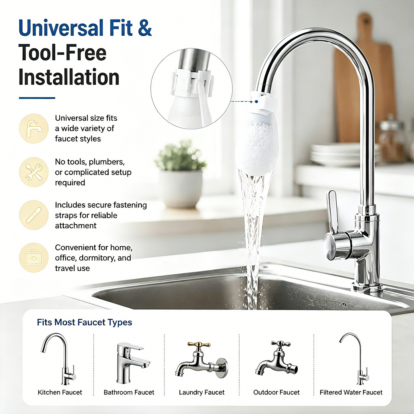 🚰 Crystal Clear Flow | 50-Piece Disposable Cotton Faucet Filter Bags Variety Pack with 5 Fastening Straps 💧