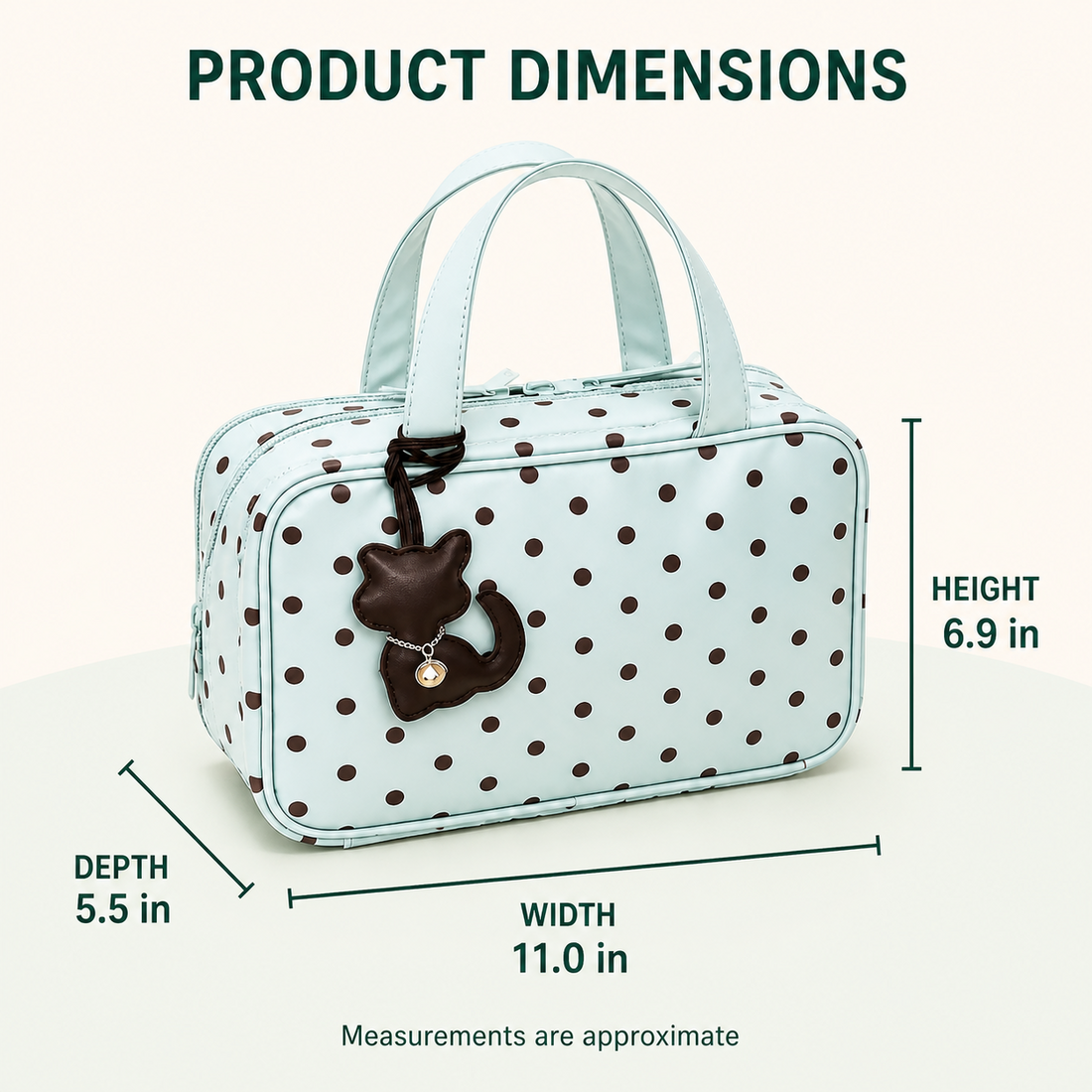 Makeup organizer dimensions showing 11 inch width 6.9 inch height and 5.5 inch depth