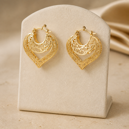 Intricate Open Heart Earrings - Gold