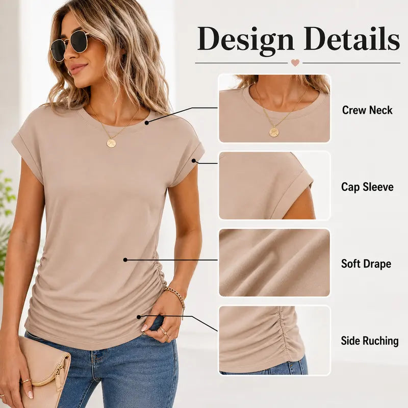 ✨ Effortless Elegance | Women's Summer Ruched Cap Short Sleeve T-Shirt 👚