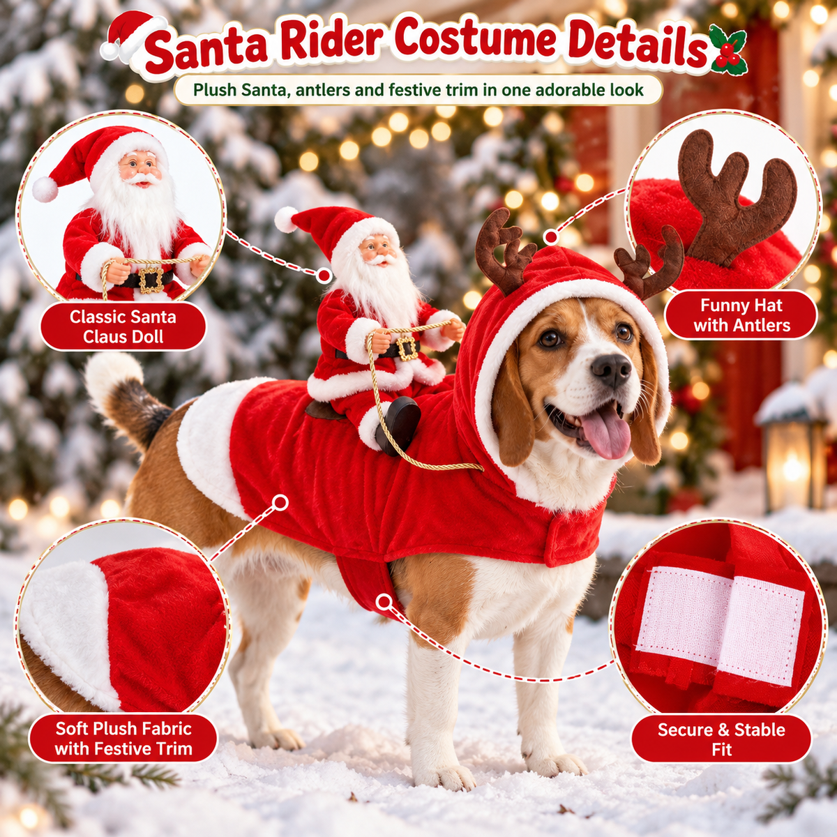 3D Santa Rider Dog Christmas Costume – Soft Fleece Reindeer Outfit