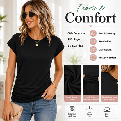 ✨ Effortless Elegance | Women's Summer Ruched Cap Short Sleeve T-Shirt 👚