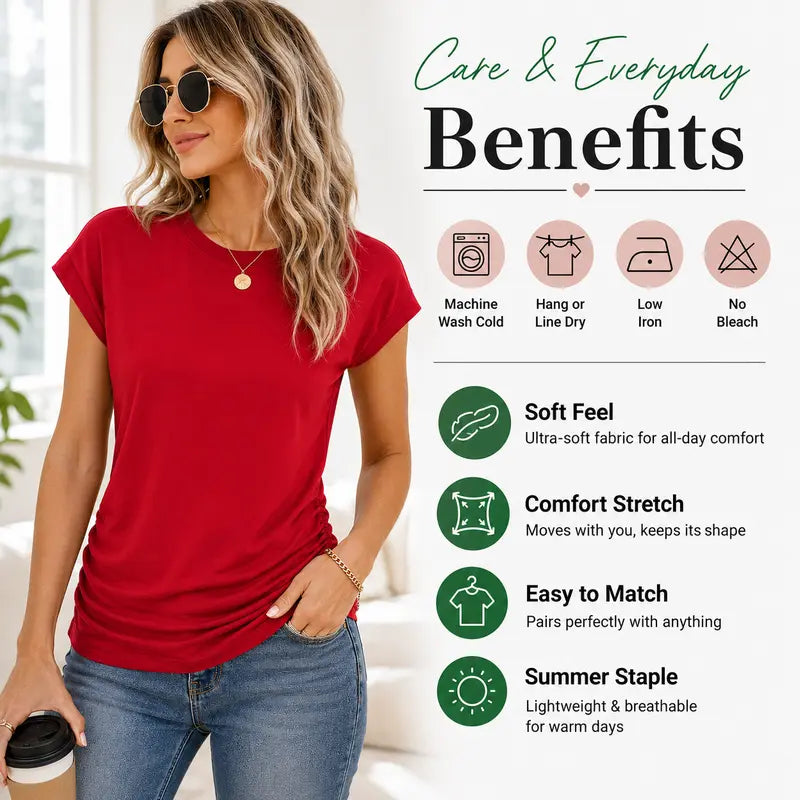 ✨ Effortless Elegance | Women's Summer Ruched Cap Short Sleeve T-Shirt 👚